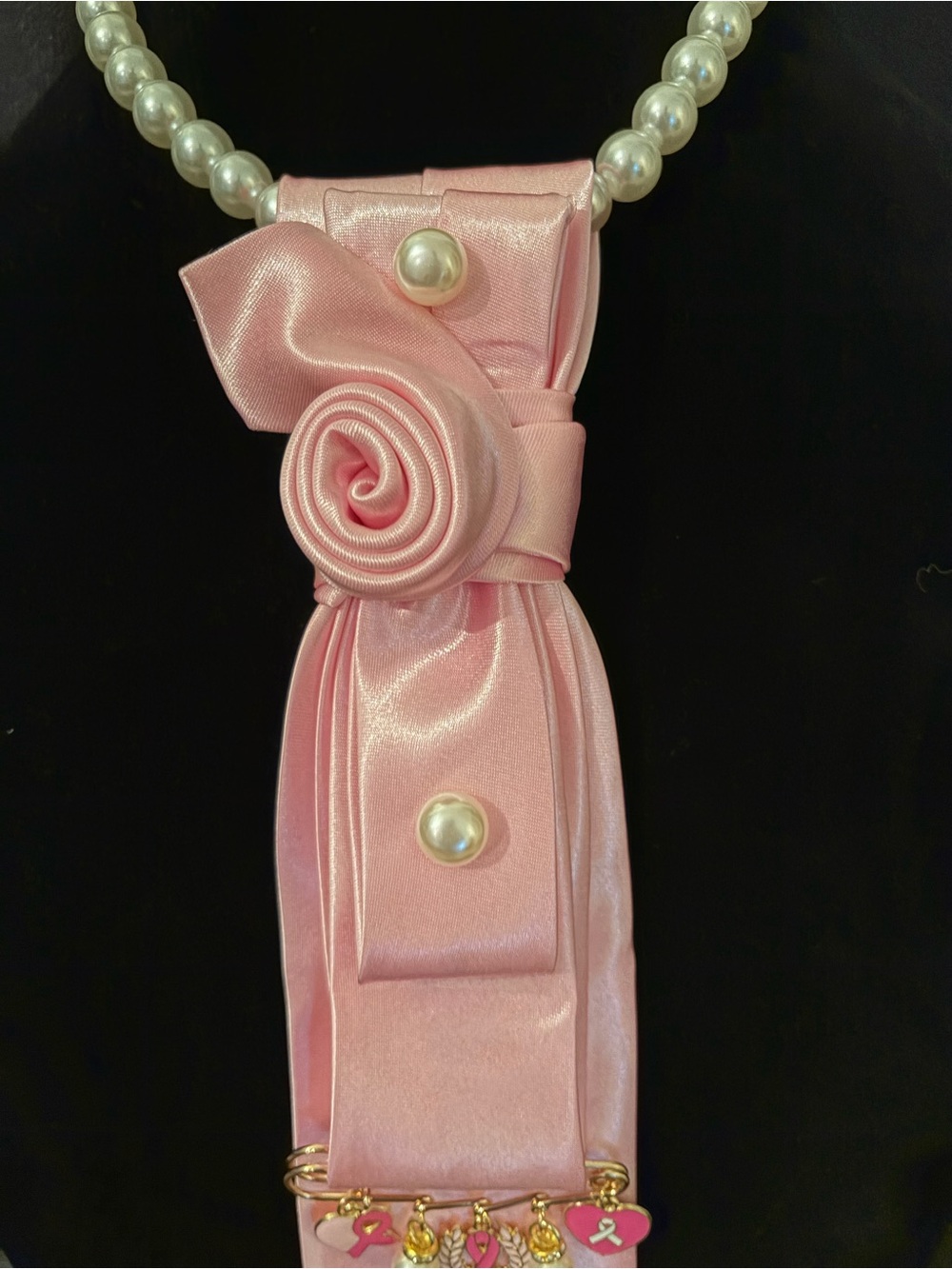 Pink Satin Rosette Pearl Charm Scarf Necklace - Women Accessories